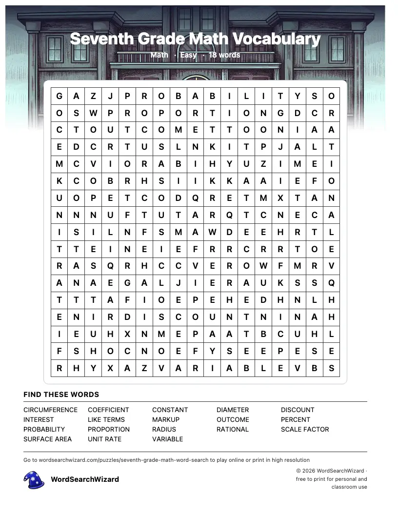 Seventh Grade Math Vocabulary word search printable sheet, 18 words to find