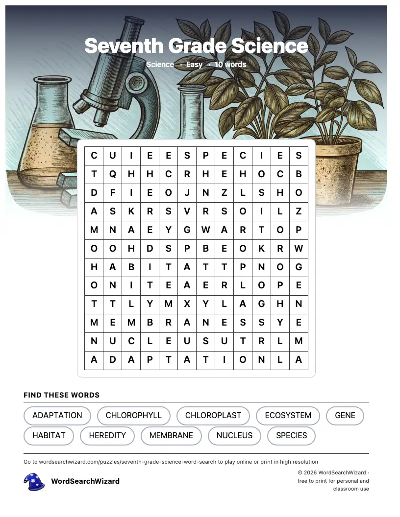 Seventh Grade Science word search printable sheet, 10 words to find
