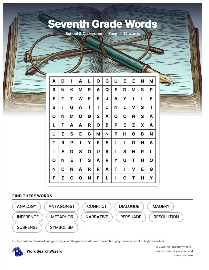 Seventh Grade Words word search printable sheet, 12 words to find