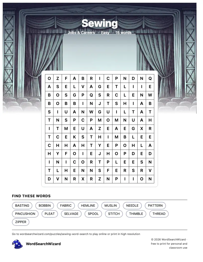 Sewing word search printable sheet, 15 words to find