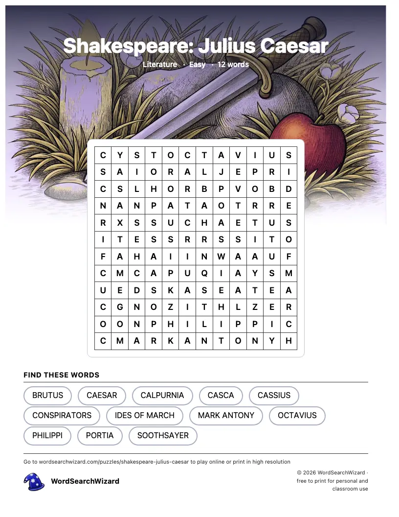 Shakespeare: Julius Caesar word search printable sheet, 12 words to find