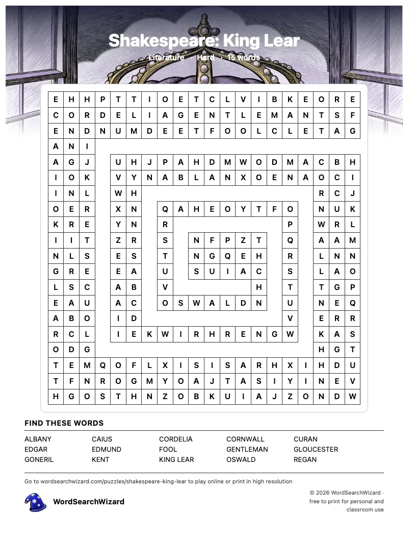 Shakespeare: King Lear word search printable sheet, 15 words to find