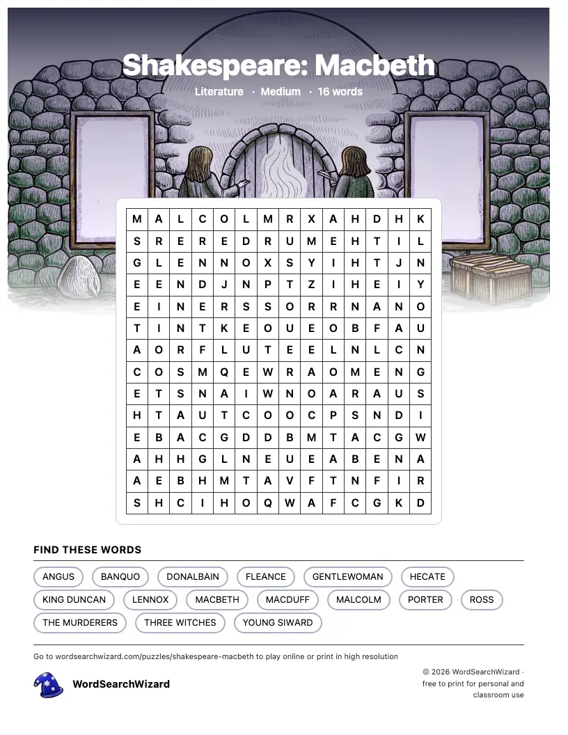 Shakespeare: Macbeth word search printable sheet, 16 words to find