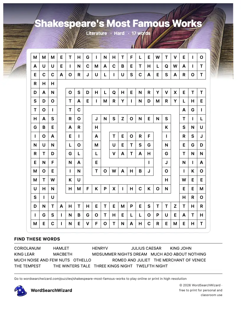 Shakespeare's Most Famous Works word search printable sheet, 17 words to find