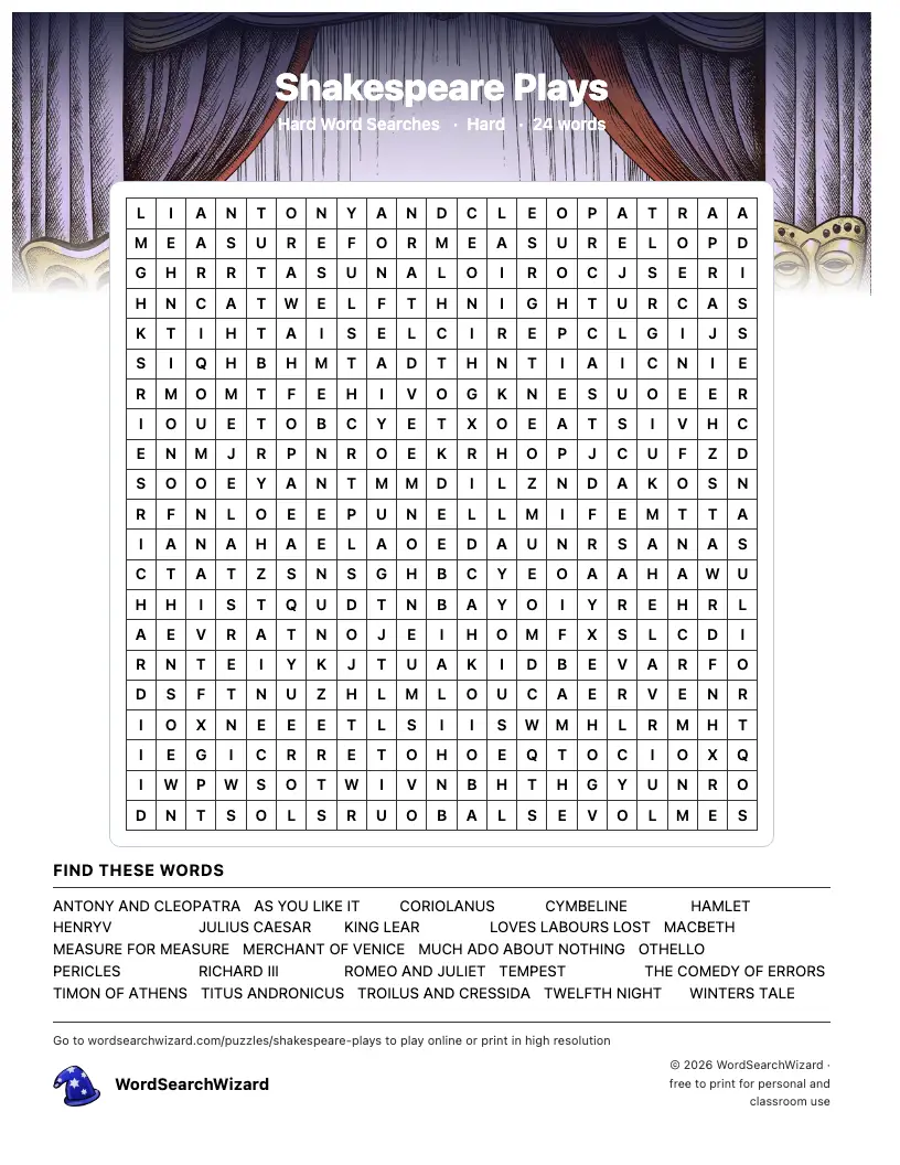 Shakespeare Plays word search printable sheet, 24 words to find