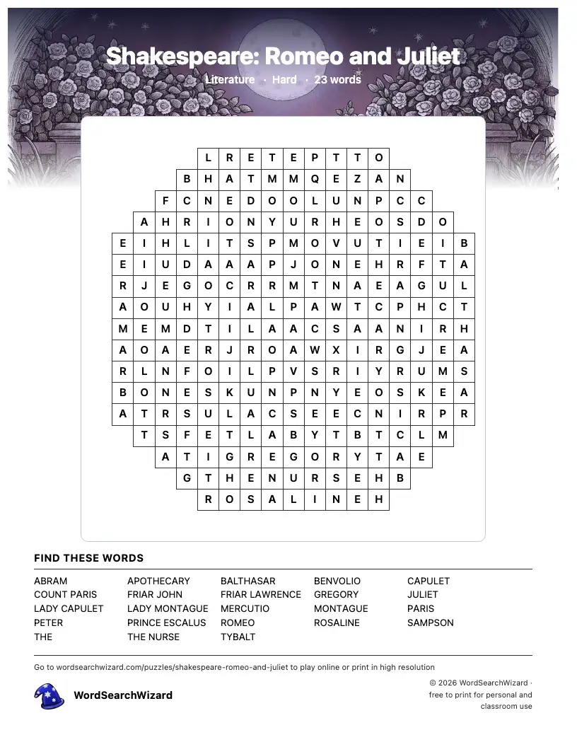 Shakespeare: Romeo and Juliet word search printable sheet, 23 words to find