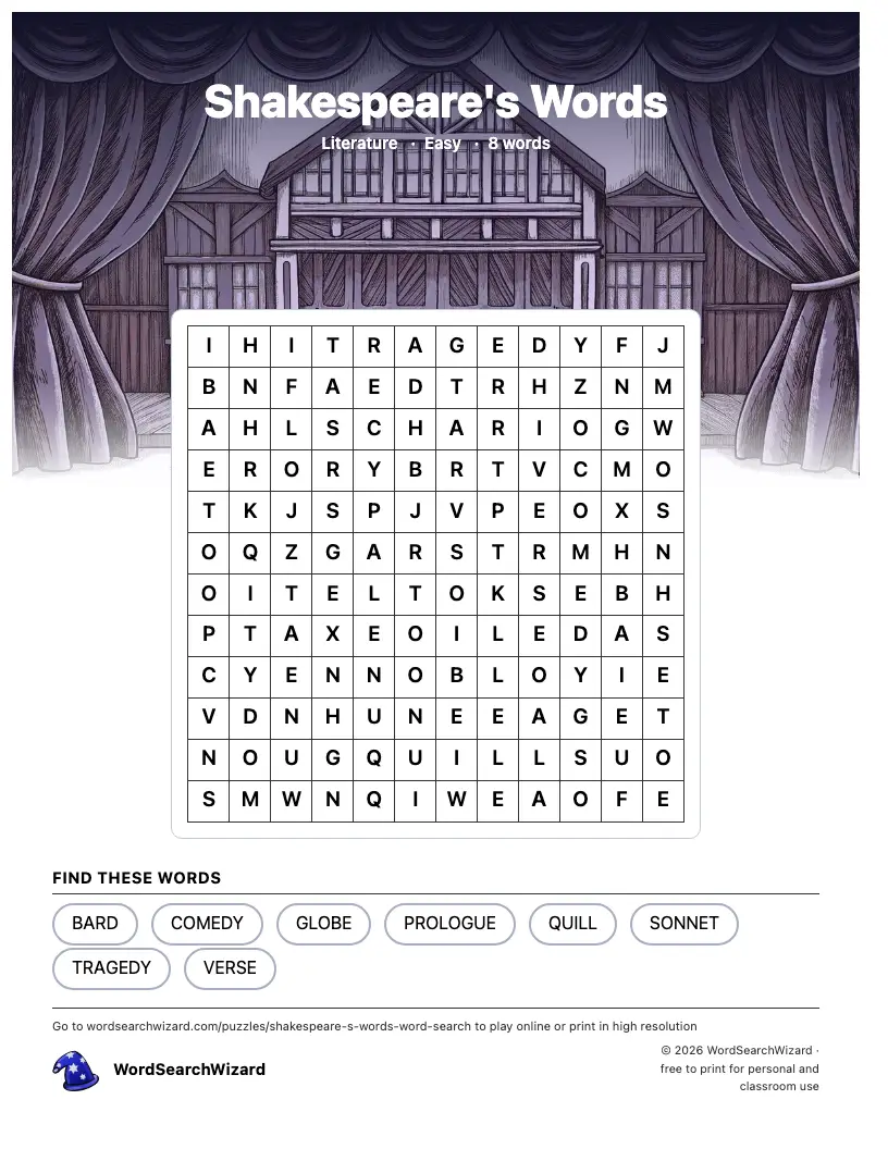 Shakespeare's Words word search printable sheet, 8 words to find
