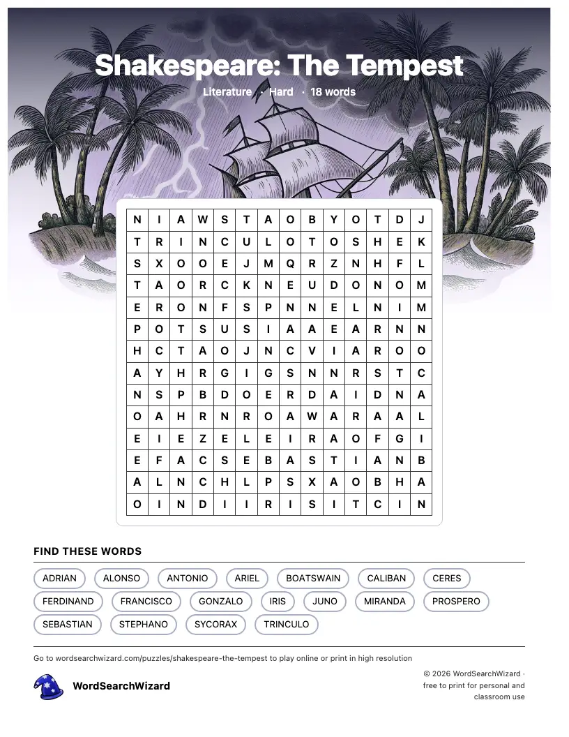 Shakespeare: The Tempest word search printable sheet, 18 words to find