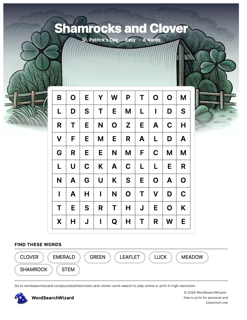 Shamrocks and Clover word search printable sheet, 8 words to find