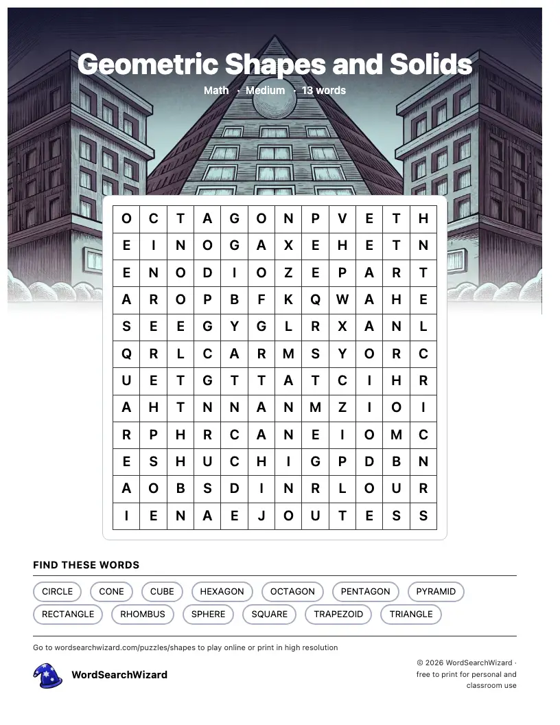 Geometric Shapes and Solids word search printable sheet, 13 words to find