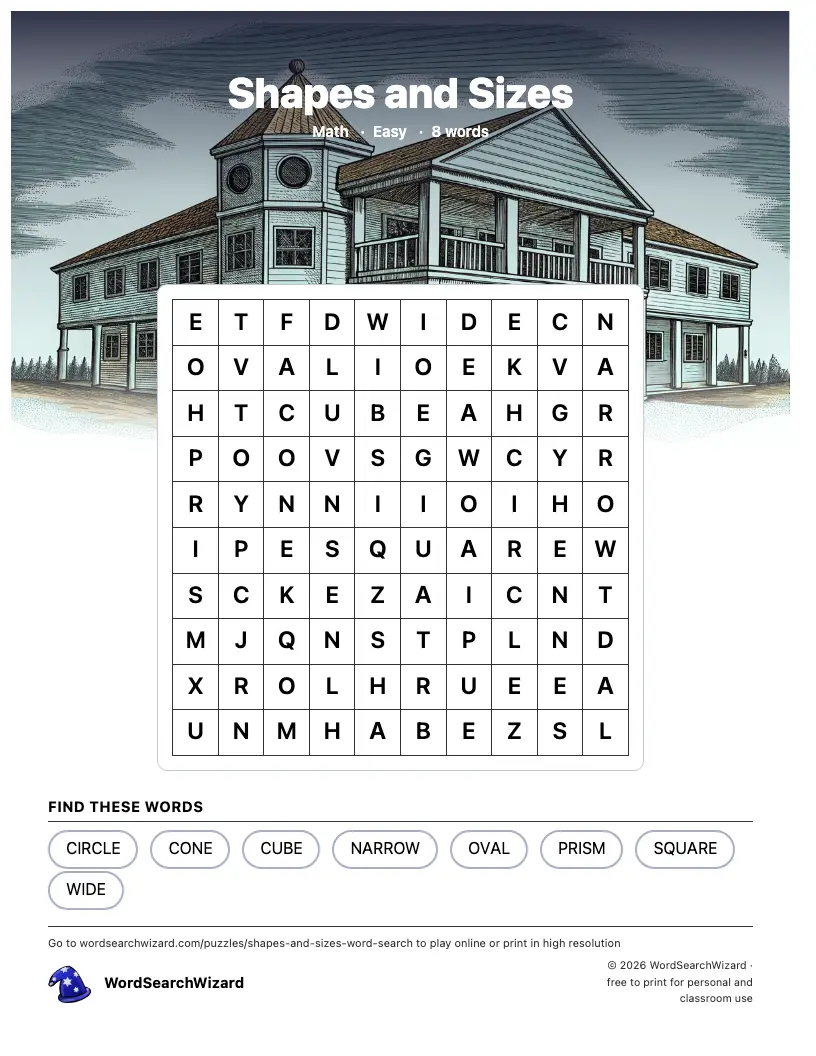 Shapes and Sizes word search printable sheet, 8 words to find