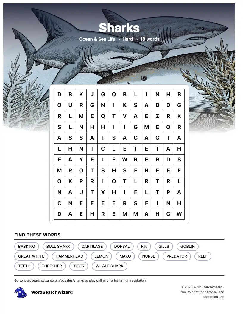 Sharks word search printable sheet, 18 words to find
