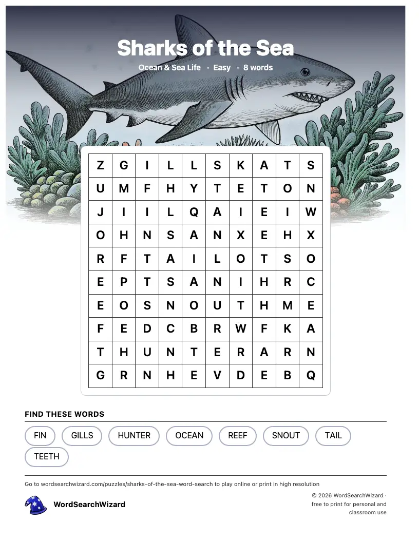 Sharks of the Sea word search printable sheet, 8 words to find