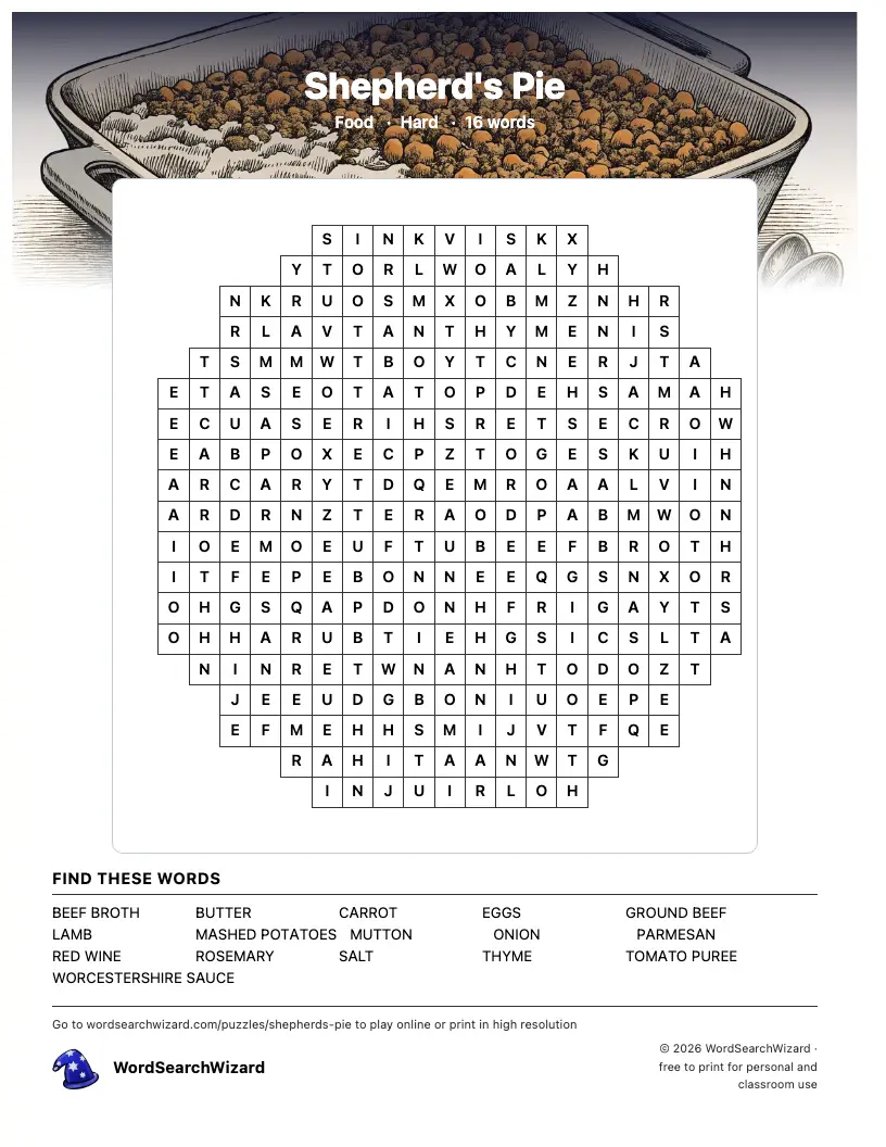 Shepherd's Pie word search printable sheet, 16 words to find