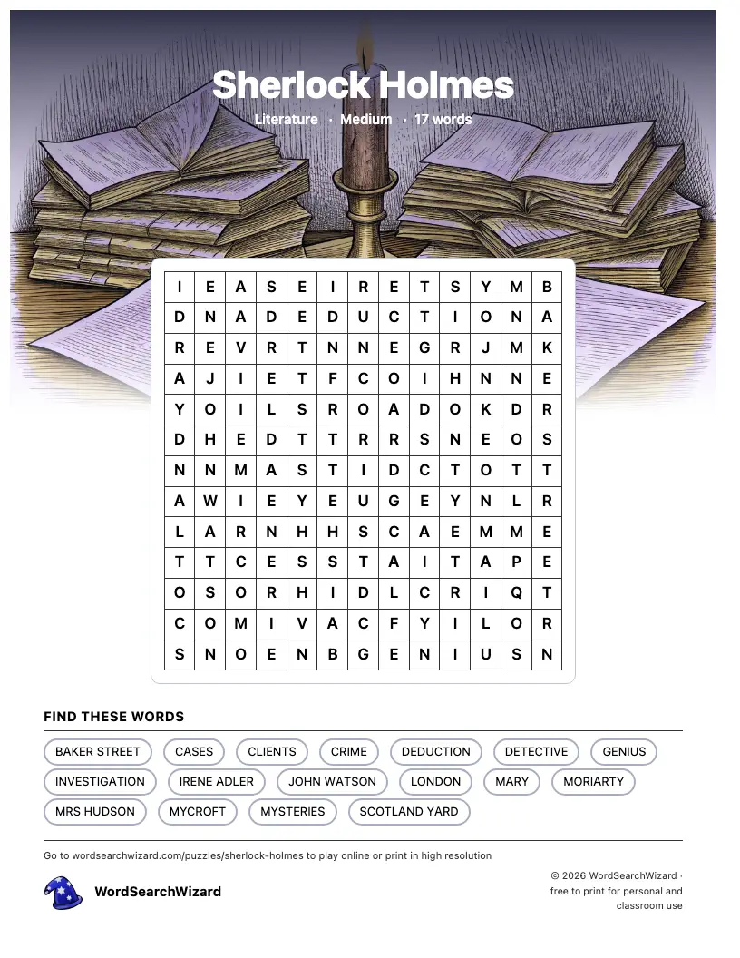 Sherlock Holmes word search printable sheet, 17 words to find