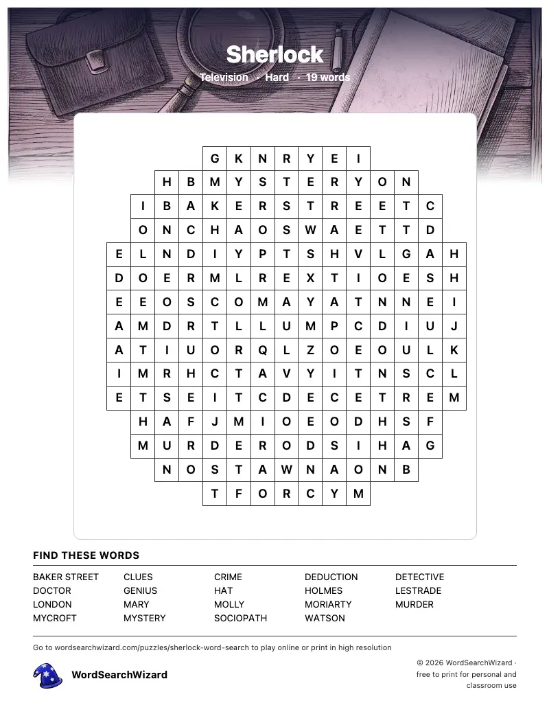 Sherlock word search printable sheet, 19 words to find
