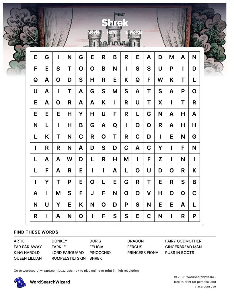 Shrek word search printable sheet, 18 words to find