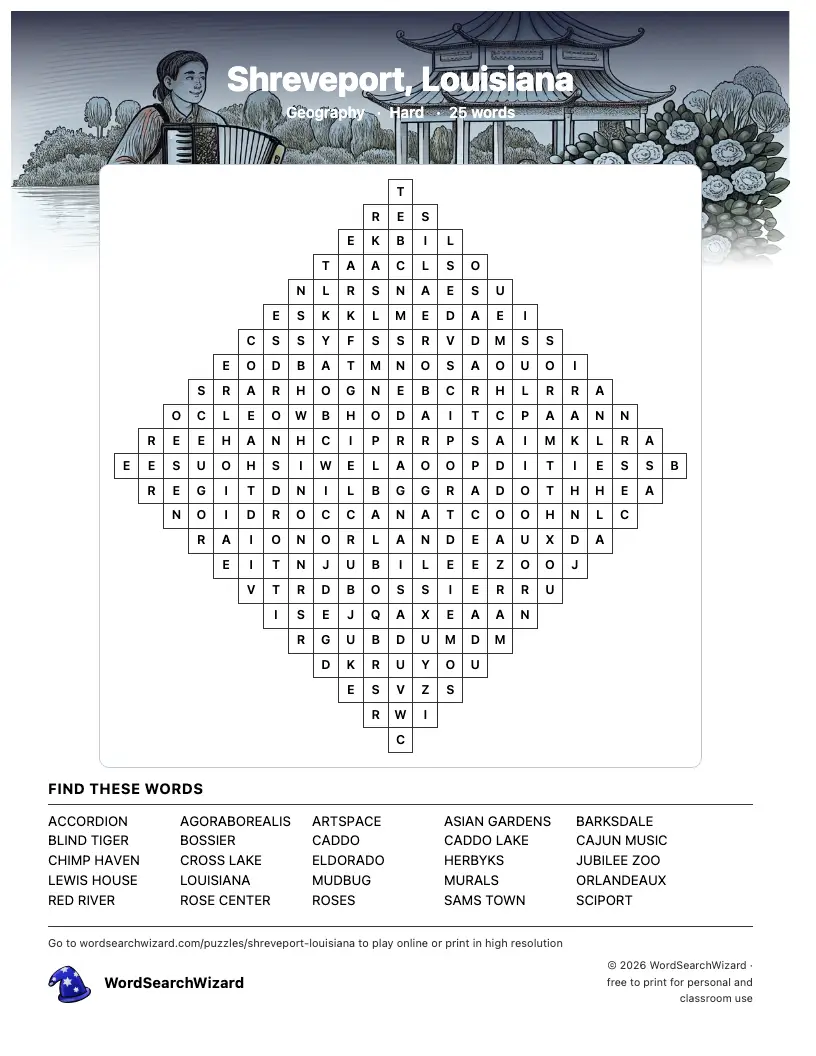 Shreveport, Louisiana word search printable sheet, 25 words to find