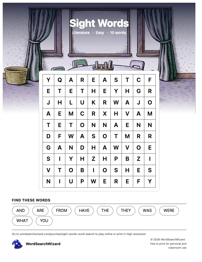 Sight Words word search printable sheet, 10 words to find