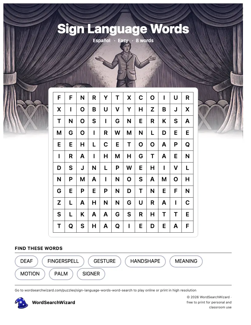 Sign Language Words word search printable sheet, 8 words to find
