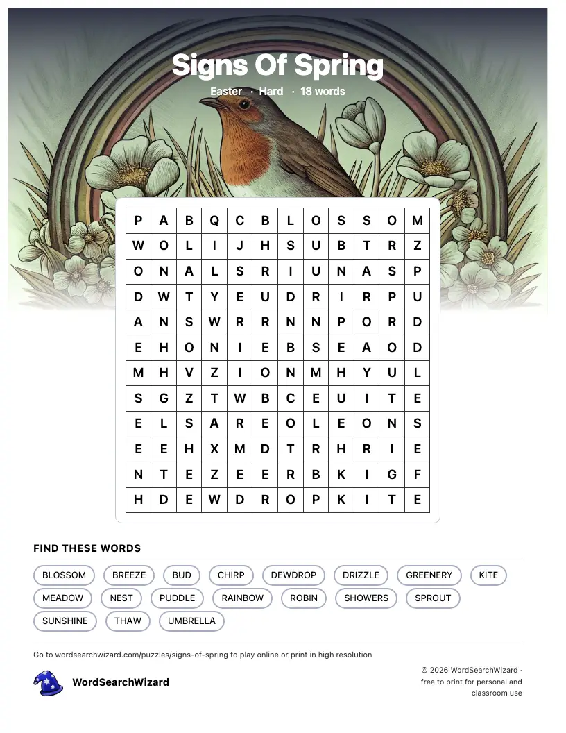 Signs Of Spring word search printable sheet, 18 words to find