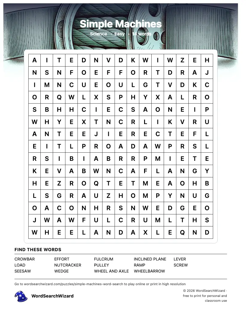 Simple Machines word search printable sheet, 14 words to find