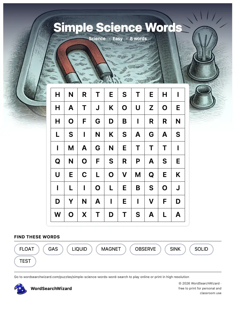 Simple Science Words word search printable sheet, 8 words to find