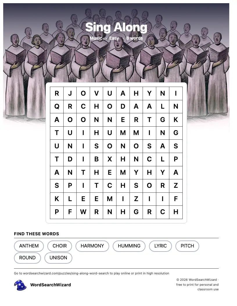 Sing Along word search printable sheet, 8 words to find