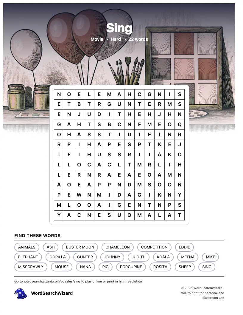 Sing word search printable sheet, 22 words to find