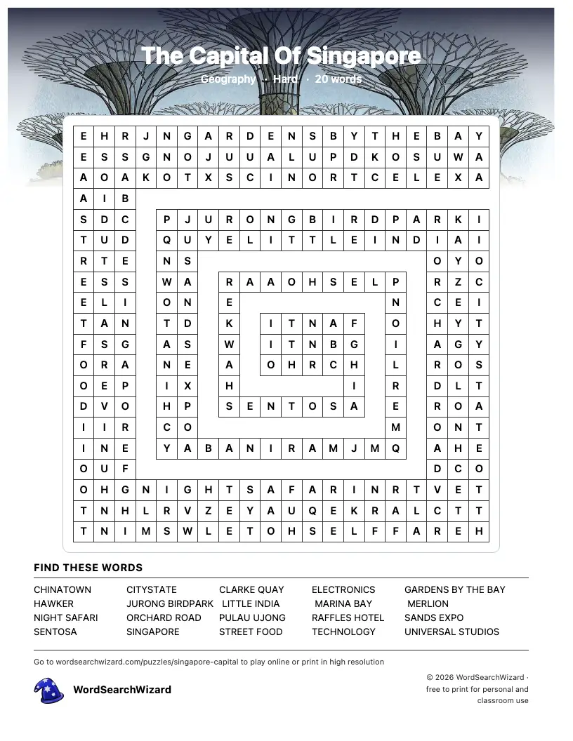 The Capital Of Singapore word search printable sheet, 20 words to find