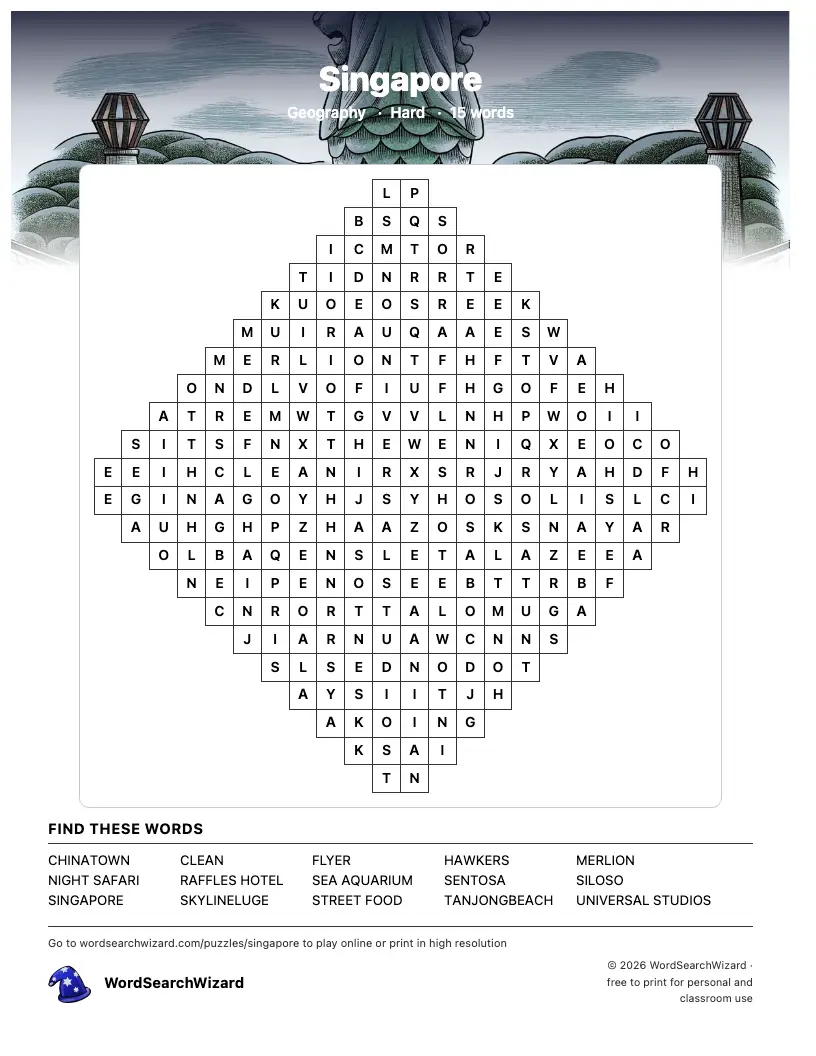 Singapore word search printable sheet, 15 words to find