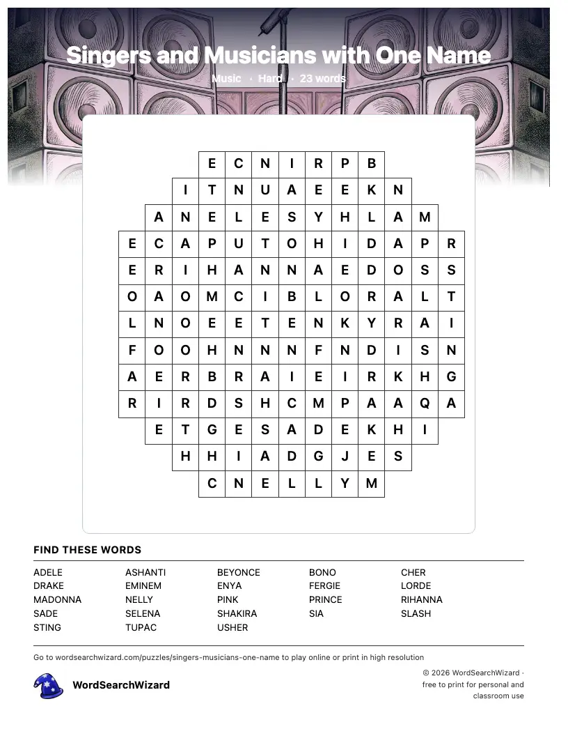 Singers and Musicians with One Name word search printable sheet, 23 words to find