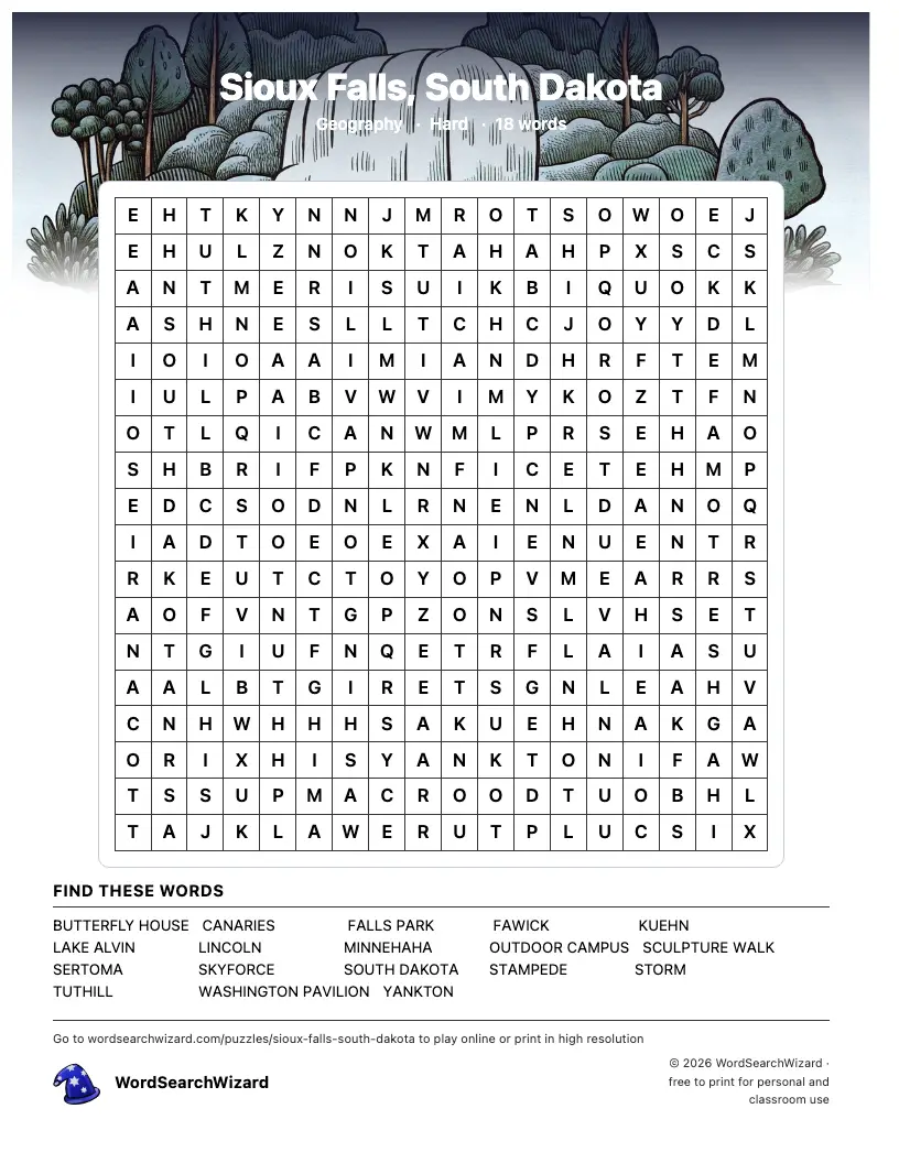 Sioux Falls, South Dakota word search printable sheet, 18 words to find
