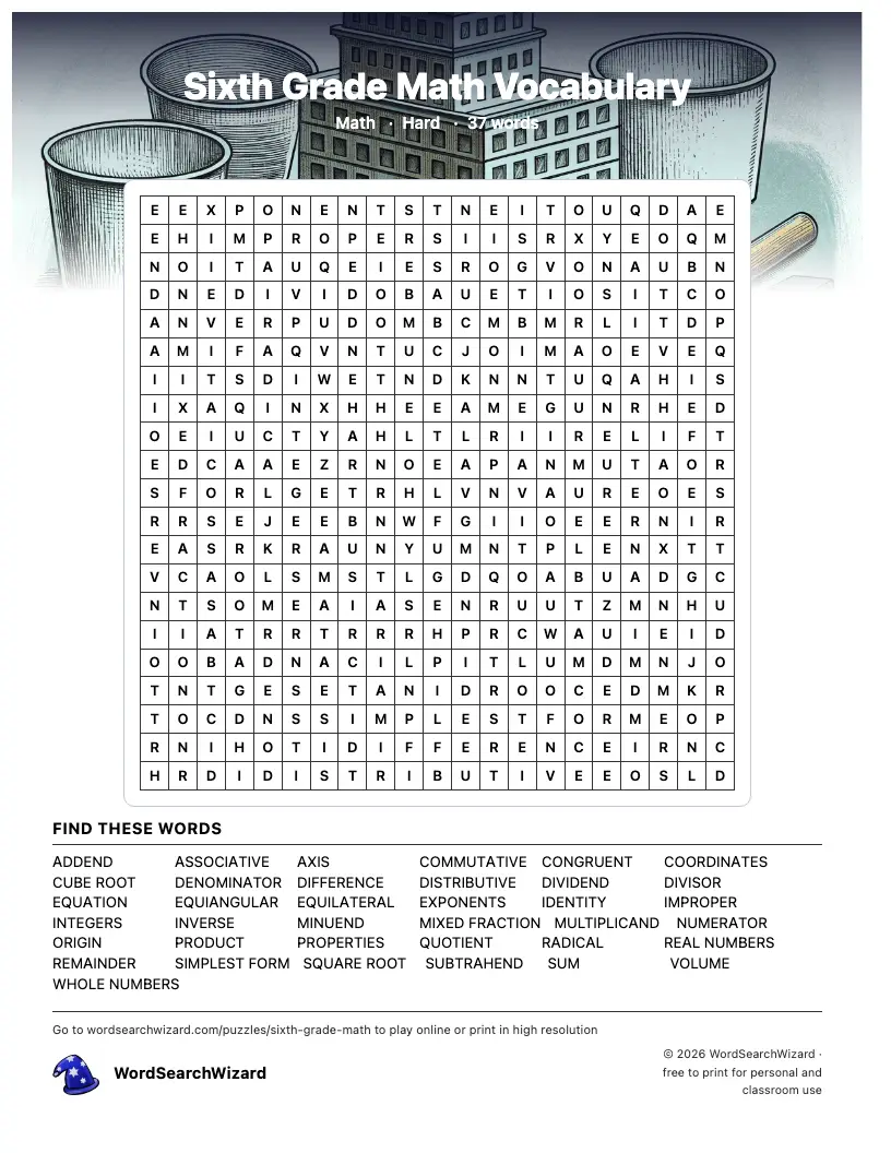 Sixth Grade Math Vocabulary word search printable sheet, 37 words to find