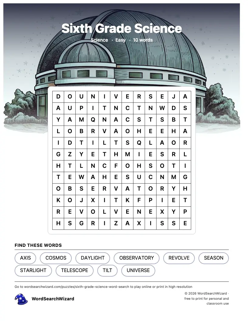 Sixth Grade Science word search printable sheet, 10 words to find