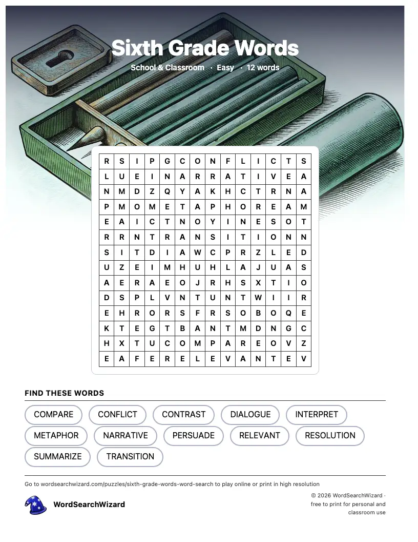 Sixth Grade Words word search printable sheet, 12 words to find