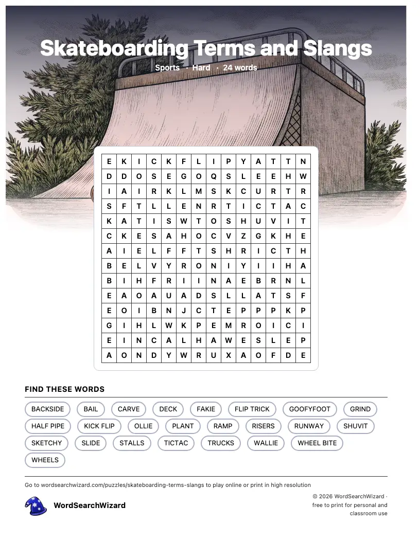 Skateboarding Terms and Slangs word search printable sheet, 24 words to find