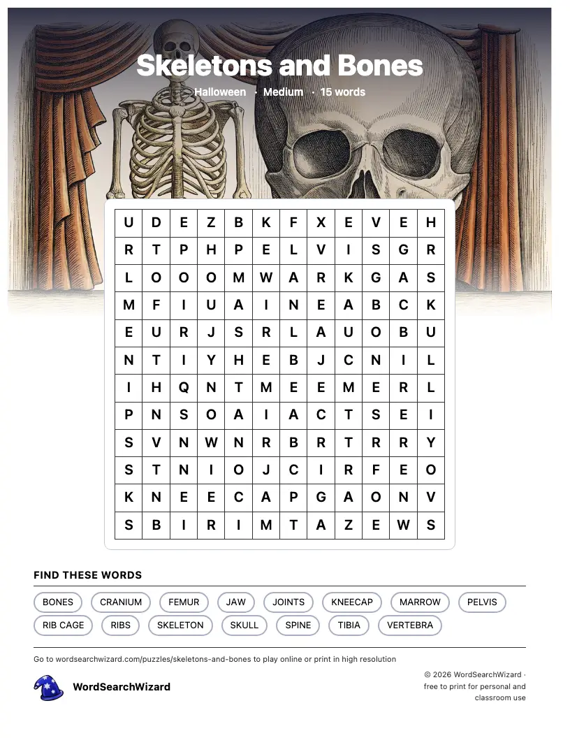 Skeletons and Bones word search printable sheet, 15 words to find