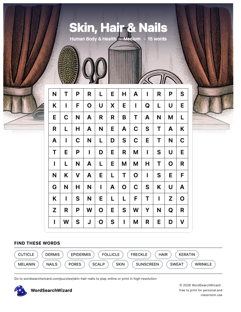 Skin, Hair & Nails word search printable sheet, 15 words to find