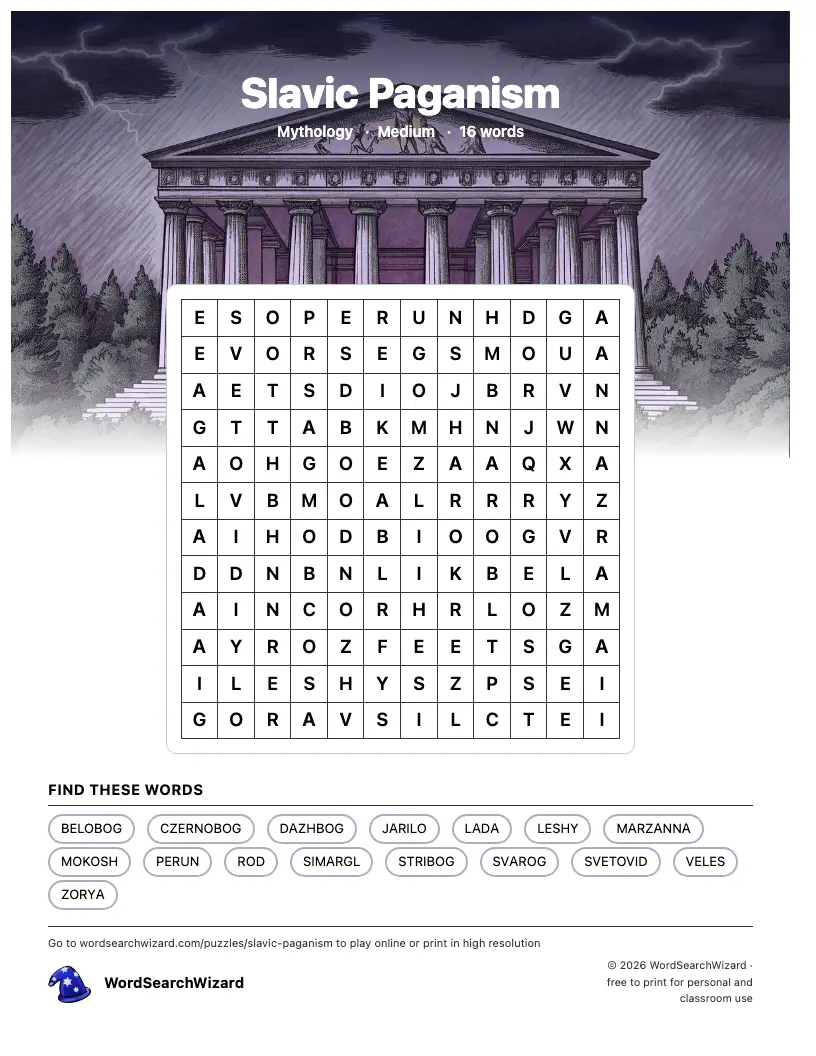 Slavic Paganism word search printable sheet, 16 words to find