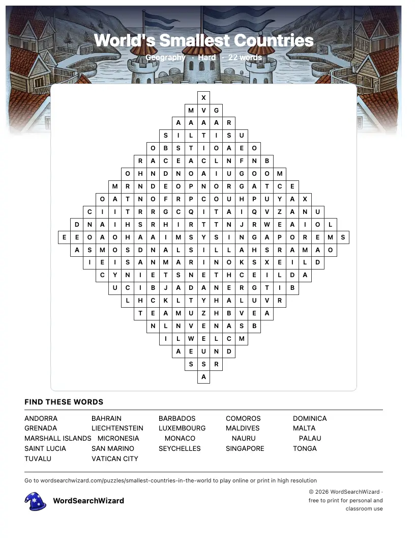 World's Smallest Countries word search printable sheet, 22 words to find