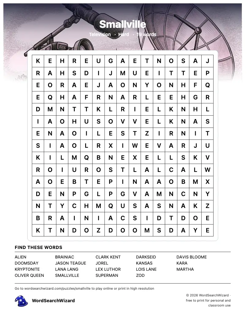 Smallville word search printable sheet, 19 words to find