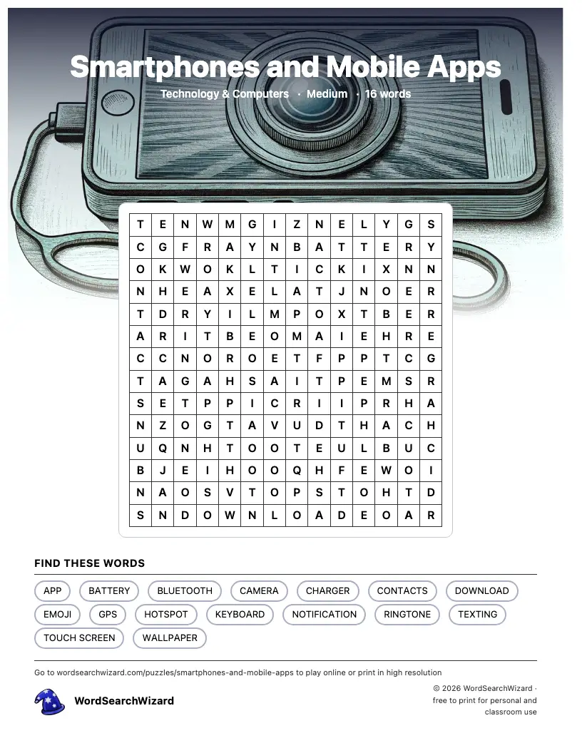 Smartphones and Mobile Apps word search printable sheet, 16 words to find