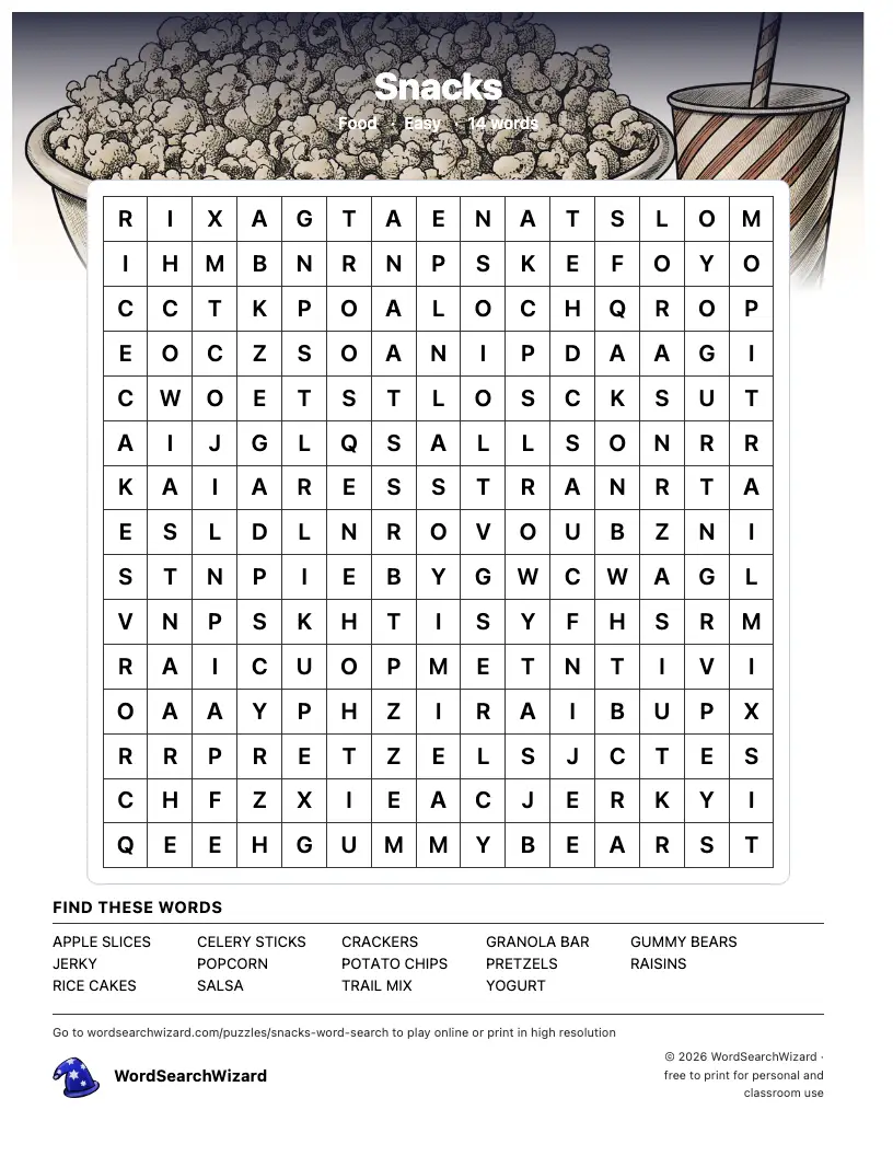 Snacks word search printable sheet, 14 words to find