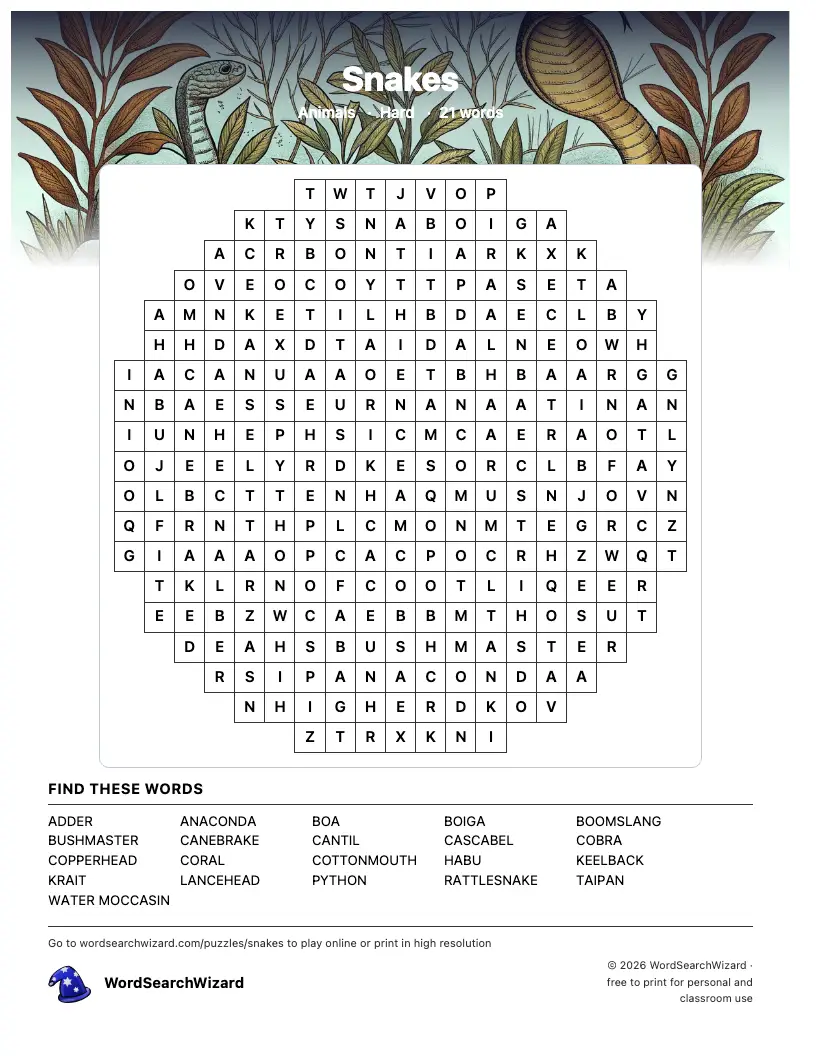 Snakes word search printable sheet, 21 words to find