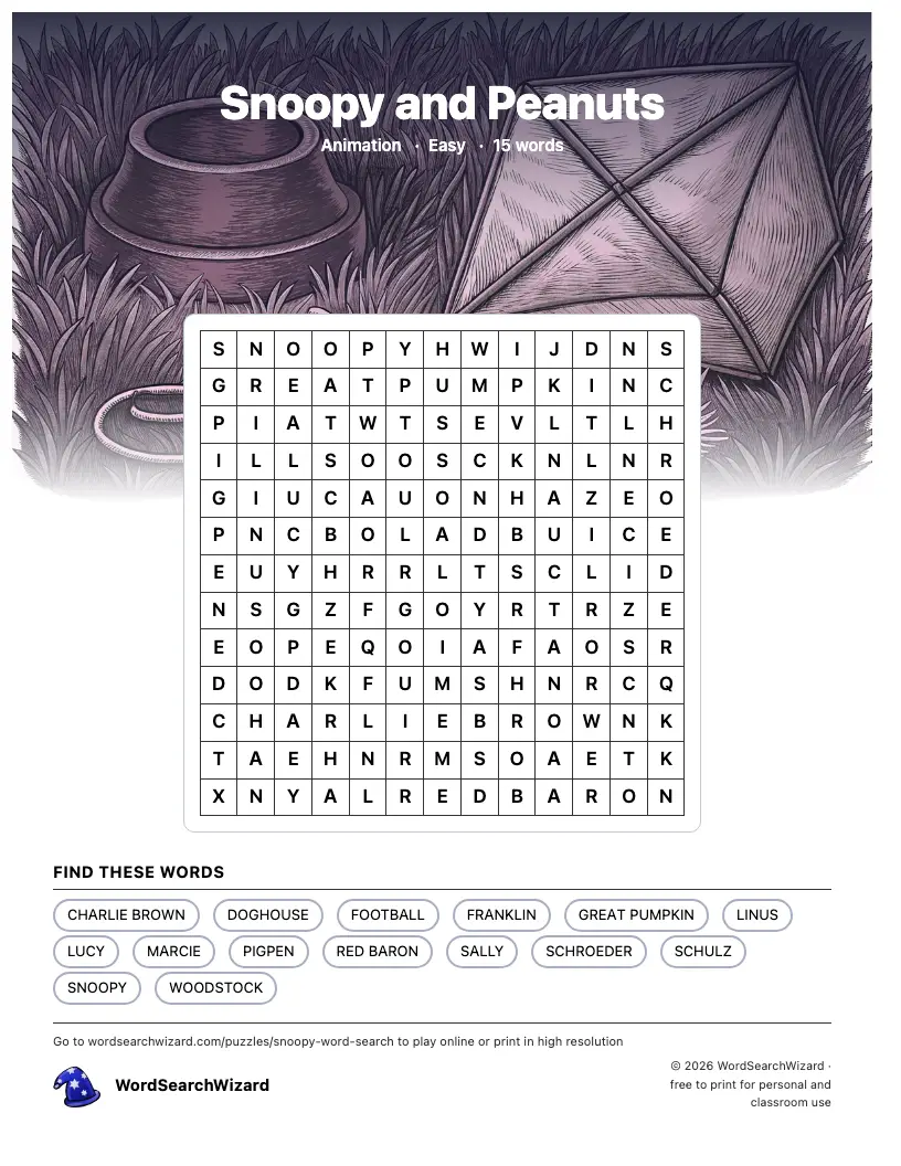 Snoopy and Peanuts word search printable sheet, 15 words to find
