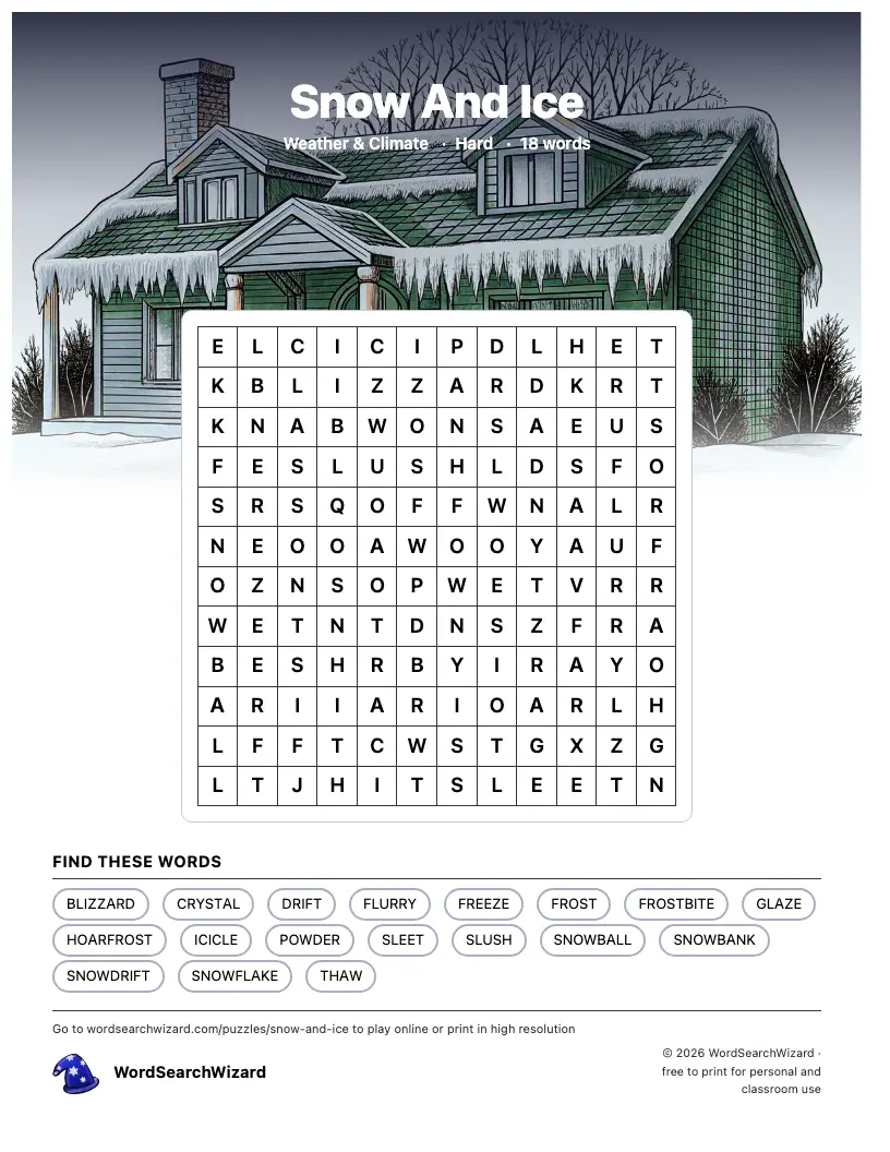Snow And Ice word search printable sheet, 18 words to find