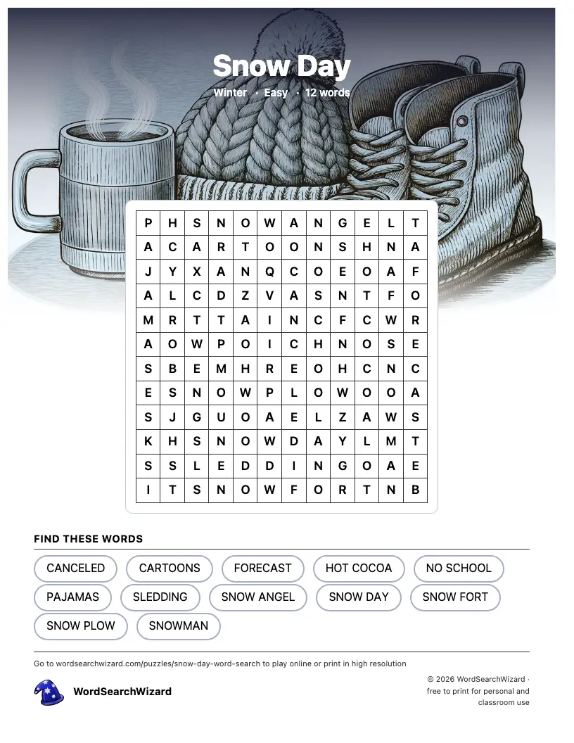 Snow Day word search printable sheet, 12 words to find