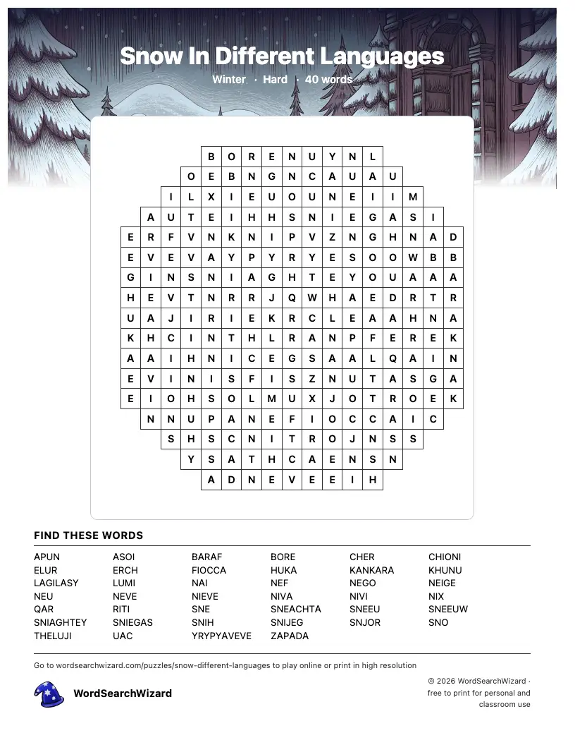 Snow In Different Languages word search printable sheet, 40 words to find