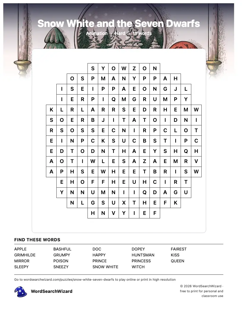 Snow White and the Seven Dwarfs word search printable sheet, 19 words to find